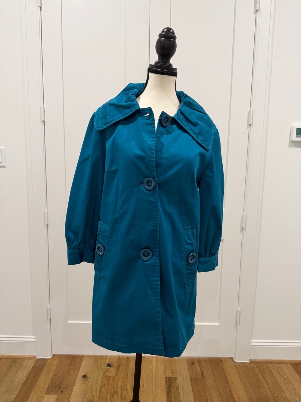 Shana K Women’s M Teal Blue Ruffle Collar 3/4 Sleeve Jacket Coat